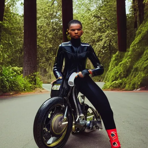 Image similar to realistic photoshooting for a new balenciaga lookbook, color film photography, portrait of a beautiful woman, woman is wearing a motorcycle suit, in style of Tyler Mitchell, 35mm,