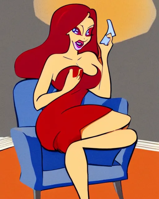 Image similar to Jessica Rabbit eating a bag of Doritos, sitting on a chair