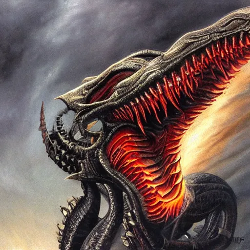 Prompt: cyborg dragon breathing fire concept art by H.R. Giger, extremely detailed, centered, full body 4k