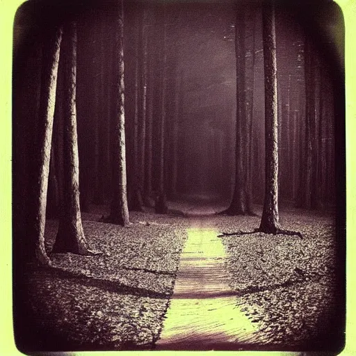 Image similar to a dark forest with a feeling of loneliness, polaroid photo, perfect photo, photo pinterest