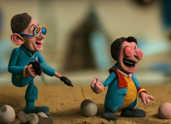 Prompt: cinematic screenshot of a stop motion claymation film about a wacky adventure starring george r r martin, shallow depth of field, 1 8 mm, f 1. 8