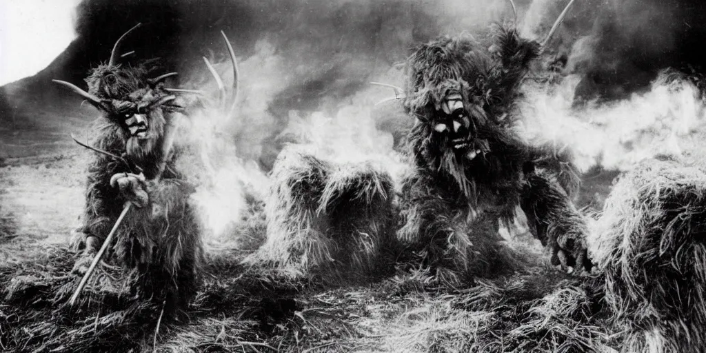 Prompt: 1 9 2 0 s photography of krampus hay monster burning, dolomites