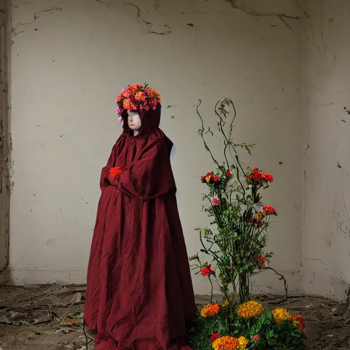 Image similar to a woman wearing a hood made of wire and zinnias, in an abandoned office building, by jan van eyck, canon eos c 3 0 0, ƒ 1. 8, 3 5 mm, 8 k, medium - format print