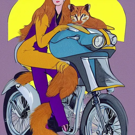 Image similar to a color ink drawing by escher of a slender beautiful woman with straight ginger hair and bangs, wearing purple leathers and gold helmet, posing with large ginger tabby and raccoon on a motorcycle in front yard, holding toasted brioche bun, dramatic lighting