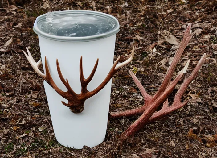 Image similar to a large styrofoam cup with four point antlers growing out of it, photography, high definition