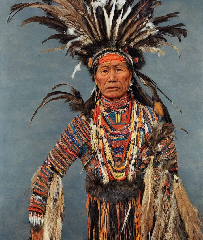Image similar to full body shot picture of indigenous people woman leader in canyon, painted by lucian freud, intricate costume design, beautiful feathers, hd, super detailed, realistic, muted colors