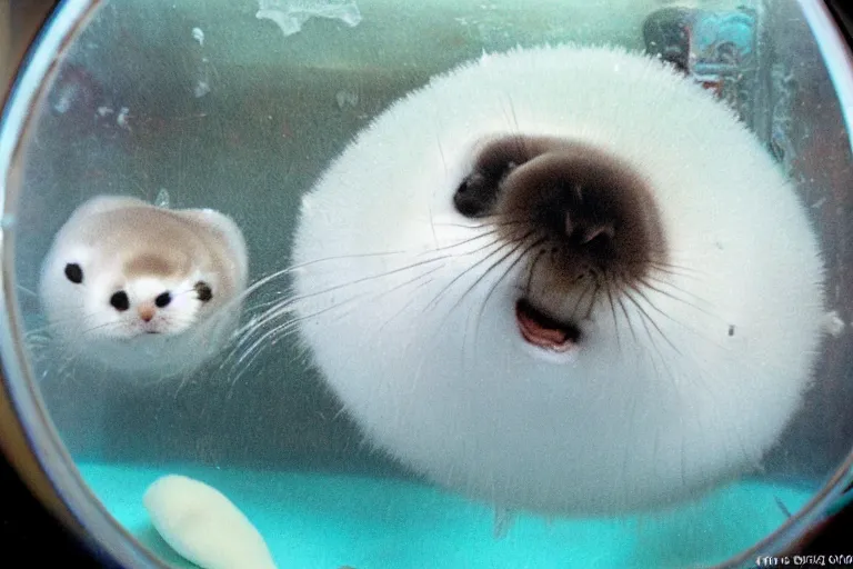 Image similar to “baby harp seals living in a terrarium, set in a mildly run down condo, 1996, photo, fish eye lens”