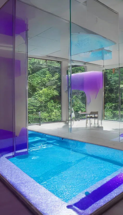 Image similar to A sunlit indoor lounge area with a pool with clear water and another pool with translucent purple water, next to a big window, 3D art