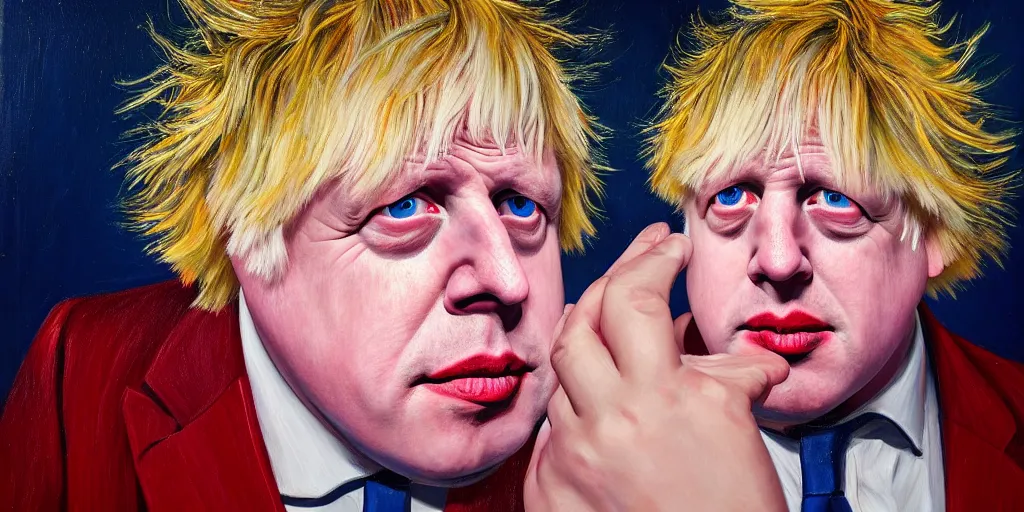 Image similar to boris johnson in drag in a nightclub, abstract oil painting by gottfried helnwein pablo amaringo raqib shaw zeiss lens sharp focus high contrast chiaroscuro gold complex intricate bejeweled