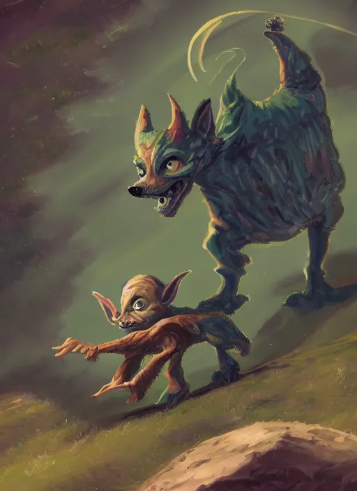 Prompt: Tiny Goblin with no legs riding a giant wolf, digital painting, 8k, HD