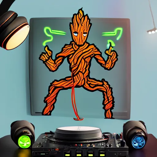 Image similar to svg sticker of a Pop-Wonder Groot-Marvel-Avenger at a rave, spinning records, giant headphones rocking out, wearing headphones, huge speakers, dancing, rave, DJ, spinning records, digital art, amazing composition, rule-of-thirds, award-winning, trending on artstation, featured on deviantart