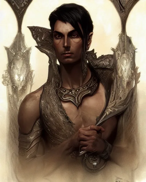 Image similar to portrait of a handsome male dark elf, fantasy, frank herbert, intricate, elegant, highly detailed, digital painting, artstation, concept art, sharp focus, illustration, art by artgerm and greg rutkowski and alphonse mucha