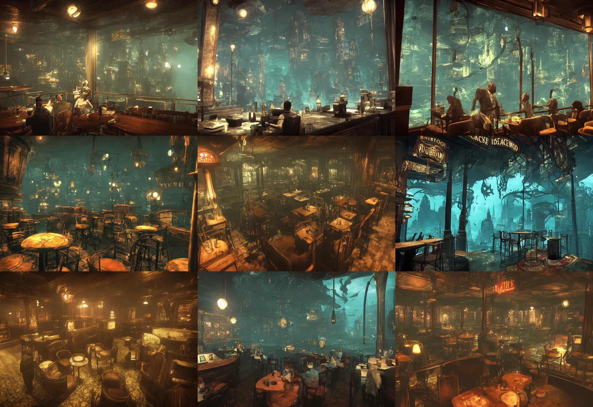 Prompt: In the world of rapture from the world of bioshock you are in a bar, there is a window that lets you see the whole city underwater and you are drinking a rum and coke, there are masks on the tables