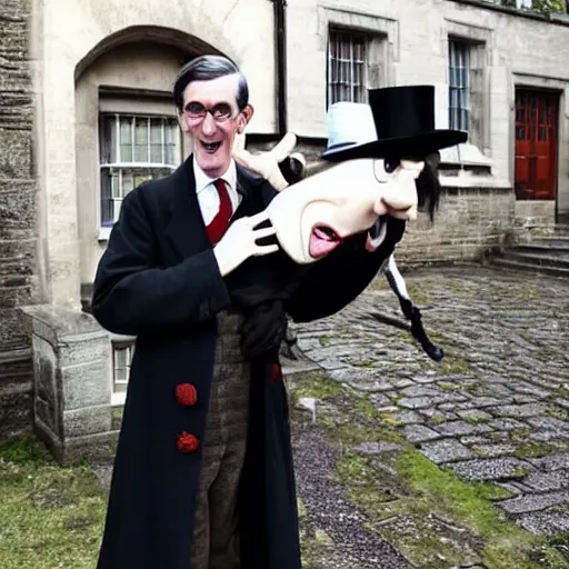 Image similar to a photo of jacob rees - mogg as the childcatcher, chitty chitty bang bang