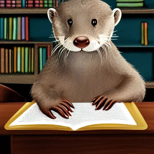 Prompt: a cute otter reading a book at a school desk, hyperrealistic, dynamic lighting