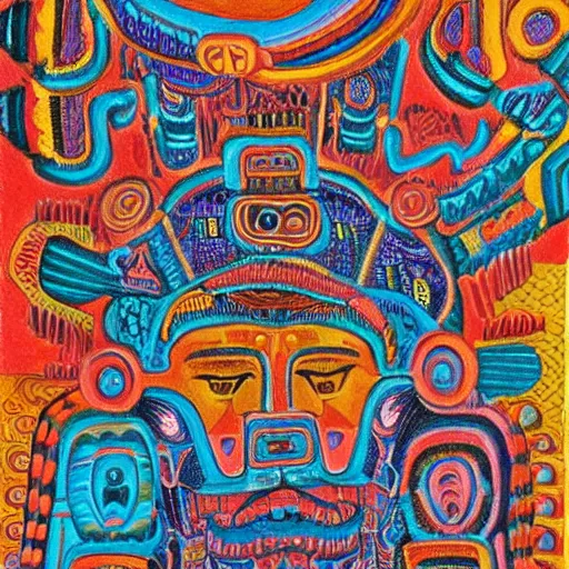 Prompt: mayan jaguar warriors in the center of a town, vibrant bright colors, surrealism, deep aesthetic, abstract realism, highly ornate intricate details, 1 9 2 0's colored pencil, 4 k, muted lighting, william s burroughs