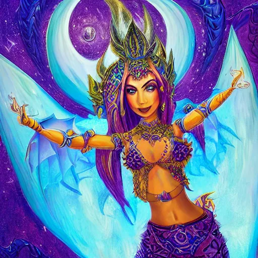 Image similar to photo of a cute female bellydancer dragon with 6 arms, anthropomorphic dragon, sharp focus, illustration, ultra real, masterpiece, glowing holy aura by magali villeneuve and magali villeneuve