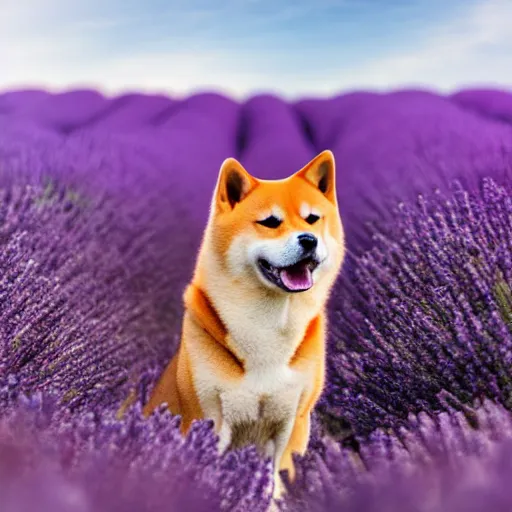 Prompt: A group of Shiba Inus in Purple Lavender field, 8k UHD, Nature photography, high detail, High quality, stunning lighting, beautiful lighting,