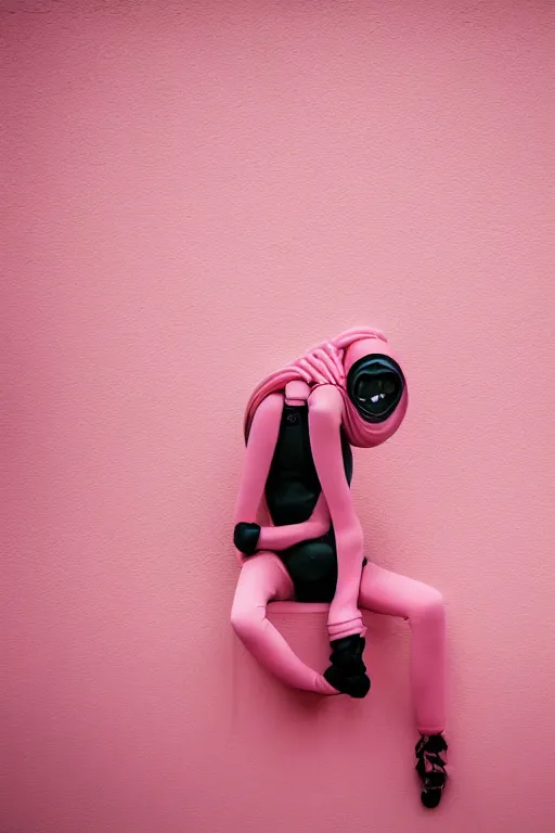 Image similar to a surreal portrait of intertwined and contorted figures wearing gas mask next to a pink wall in the style of brooke didonato, editorial fashion photography from vogue magazine, full shot, nikon d 8 1 0, ƒ / 2. 5, focal length : 8 5. 0 mm, exposure time : 1 / 8 0 0, iso : 2 0 0