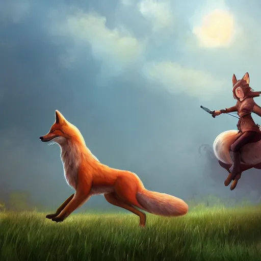 Image similar to girl riding a giant fox in a field, trending on artstation