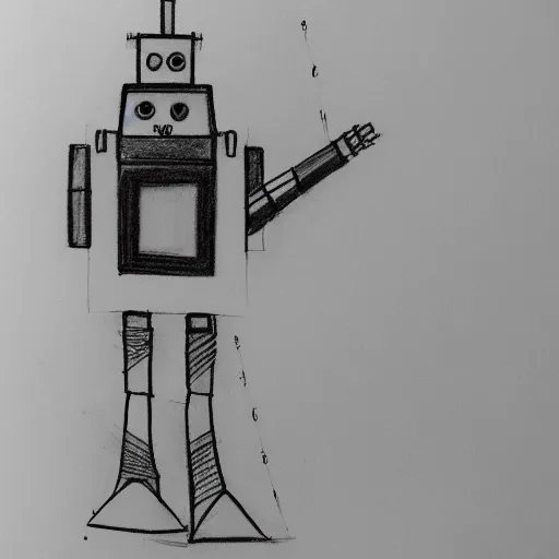 Image similar to pencil sketch of a awkard robot with joints that creak and a triangular head with 2 antenna