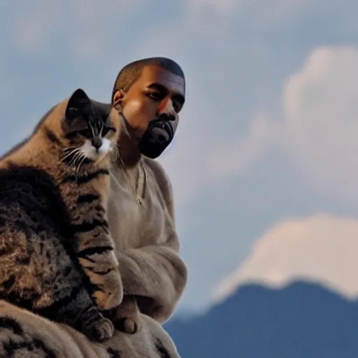 Image similar to Kanye West riding on the back of a giant cat