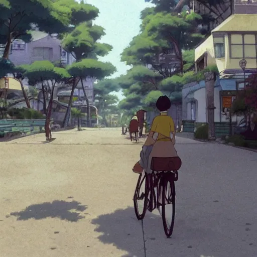 Prompt: riding a bicycle in a town with capybaras passing by , Dice Tsutsumi, Makoto Shinkai, Studio Ghibli