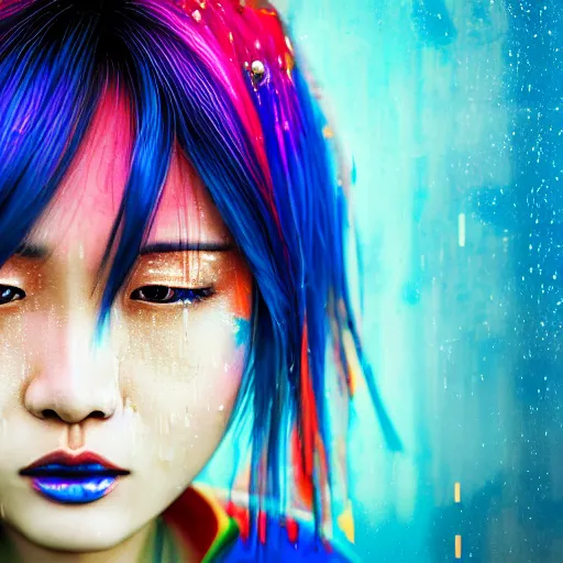 Prompt: a digital painting of an asian woman in the rain with blue hair, dynamic multicolored background, with cute - fine - face, pretty face, oil slick multicolored hair, perfect face, extremely fine details, realistic shaded lighting, by jinsung lim, hyperrealism, cyberpunk art, cgsociety, synchromism, detailed painting, glowing neon, digital illustration
