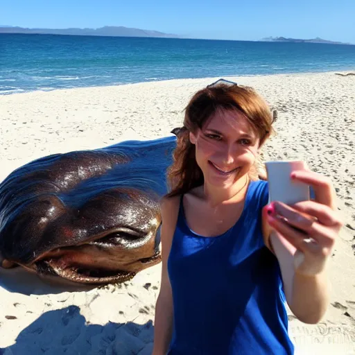 Image similar to Professional photograph, long shot, Smiling girl taking a selfie with a giant creature washed up on the beach