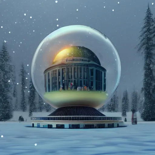 Image similar to a snow globe with a soviet building in it, a computer rendering by leandro erlich, trending on cgsociety, retrofuturism, tesseract, isometric, physically based rendering