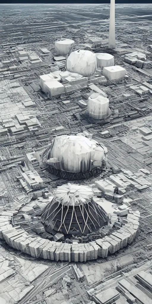 Image similar to realistic nuclear base, tower of babylon destroyed, white architecture, cerro dominador radial vertical solar power plant in the desert, trending on artstation, featured on behance, octane render, award winning, archviz, matte painting, epic, blender render, unreal engine