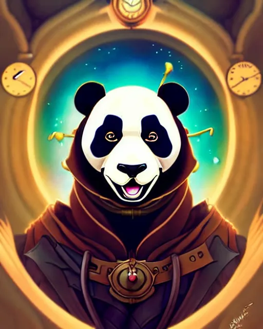 Image similar to don bluth, loish, artgerm, joshua middleton, steampunk, clockpunk anthropomorphic panda, full sailor suit, symmetrical eyes symmetrical face, colorful animation forest background