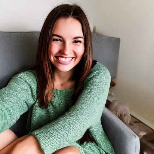 Image similar to Photo of a cute young woman smiling, long shiny bronze brown hair, full round face, emerald green eyes, medium skin tone, light cute freckles, smiling softly, wearing casual clothing, relaxing on a modern couch, interior lighting, cozy living room background, medium shot, mid-shot, soft focus, professional photography, Portra 400