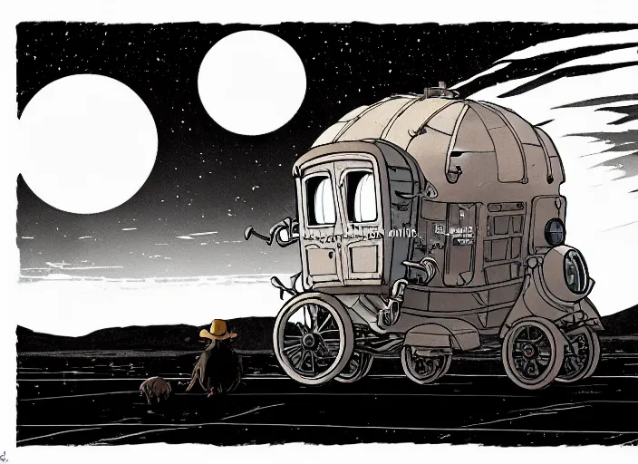 Image similar to a cell shaded cartoon of a lovecraftian mechanized sloth from howl's moving castle ( 2 0 0 4 ), on a desert road, in front of a pale full moon, full body, wide shot, very dull muted colors, studio ghibli, laurie greasley, highly detailed, deviantart, art by artgem