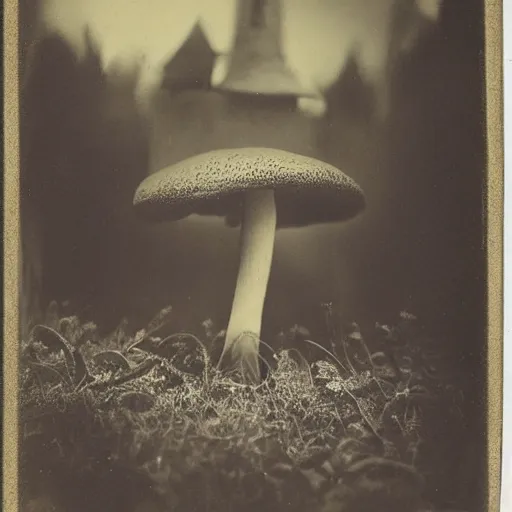 Prompt: Mushroom Temple Wizard with large magical spider legs by Ansel Adams Tintype 1800s