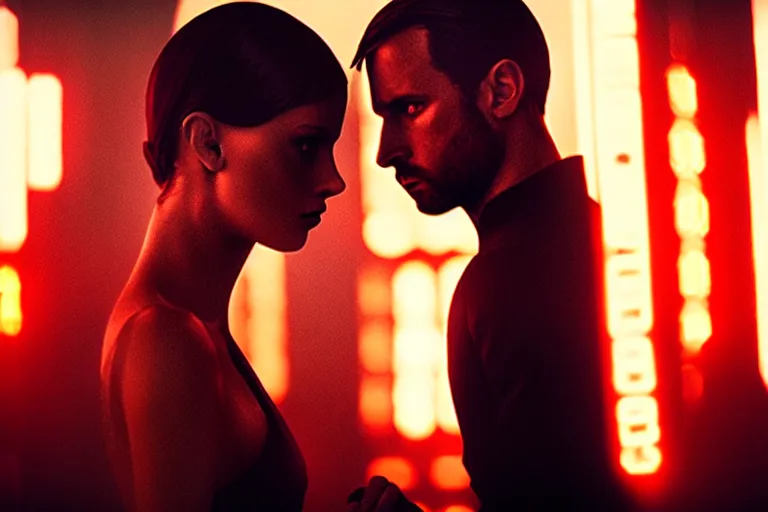 Image similar to film still of closeup beautiful russian models couple closeup in blade runner 2 0 4 9, cinematic, moody, gritty neon noir by emmanuel lubezki