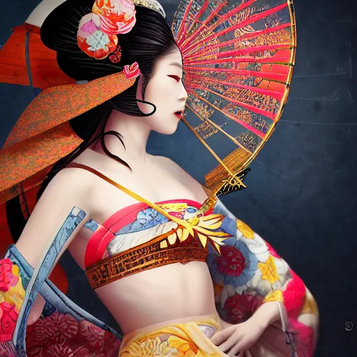 Image similar to Very very very very highly detailed epic central composition studio photography of A Japanese geisha in a colorful bikini, intricate, medieval, extremely detailed, digital painting, artstation, concept art, smooth, sharp focus, illustration, studio lighting, incredible art by Anna Dittmann and Anton Pieck