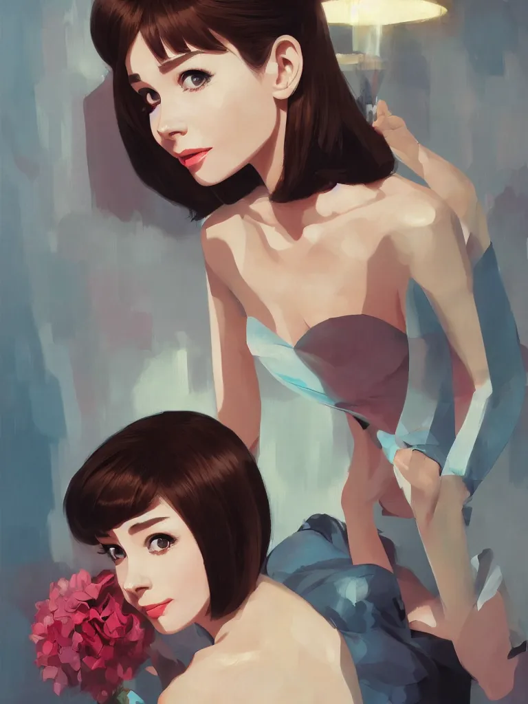 Image similar to a portrait of Audrey Hepburn, glamorous setting, vivid colors, soft lighting, atmospheric, cinematic, moody, in the style of Ilya Kuvshinov and Range Murata, Krenz Cushart, oil on canvas, 8k