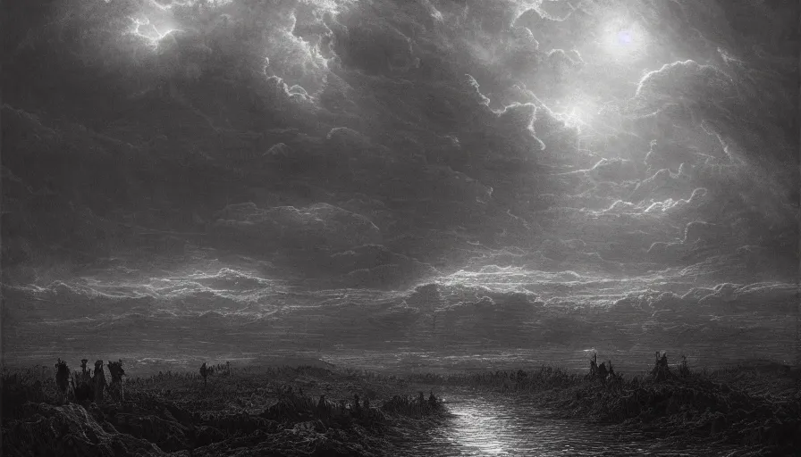 Prompt: bloody river in hell, by Gustave Dore, people walking into the horizon, red river, dragon flying in sky, trending on artstation