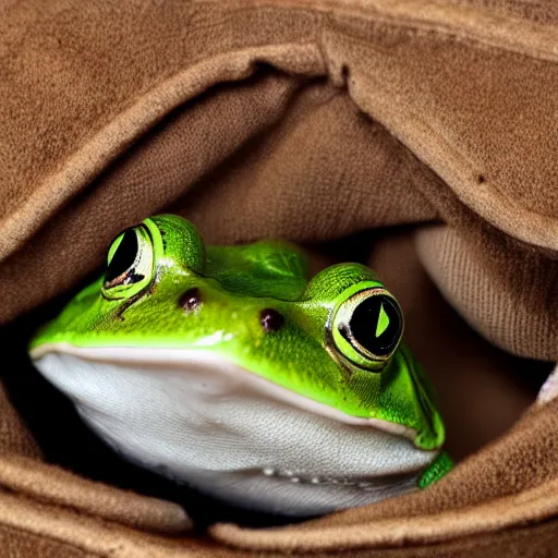 Prompt: a picture of a funny frog peeking out of a jacket pocket, 4K