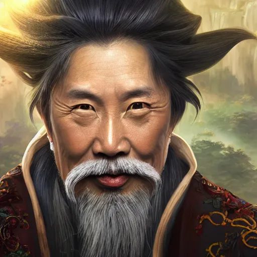 Image similar to portrait painting of a 6 0 year old kind handsome taoist priest, silver ponytail hair, amiable by yangjun chen, huang guangjian, fenghua zhong, wenjun lin, nadar, bright colors, octopath traveler, unreal engine 5 highly rendered, global illumination, radiant light, detailed and intricate environment