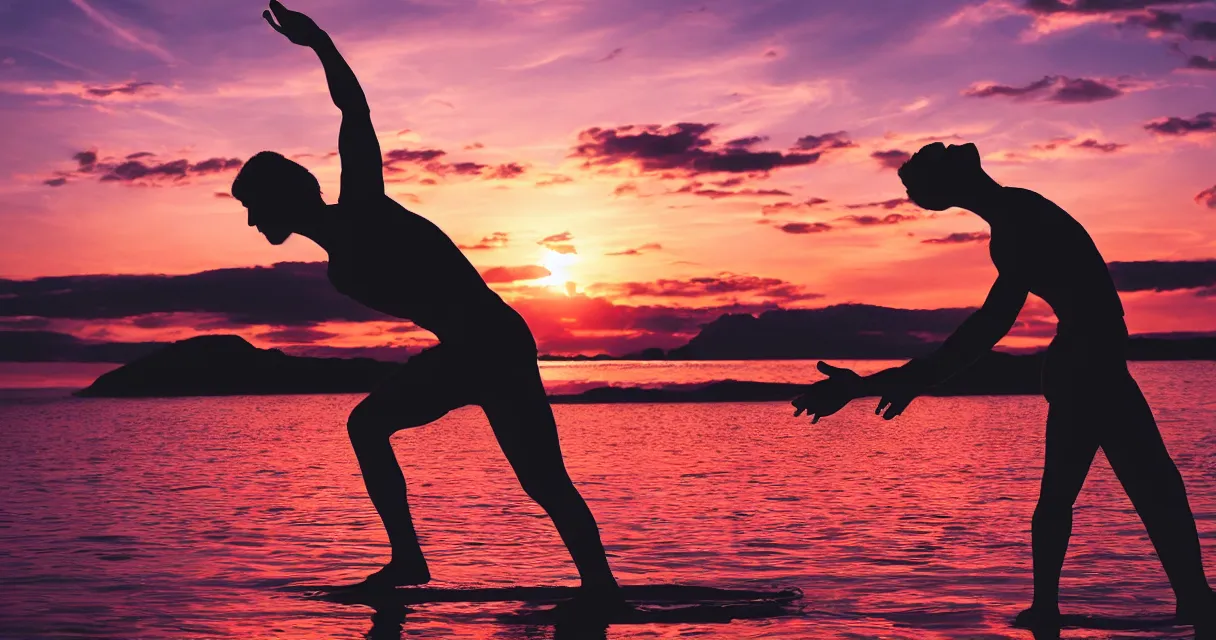 Image similar to wide range photo silhouette of a man doing yoga, at a beautiful sunset, highly detailed, colorful,