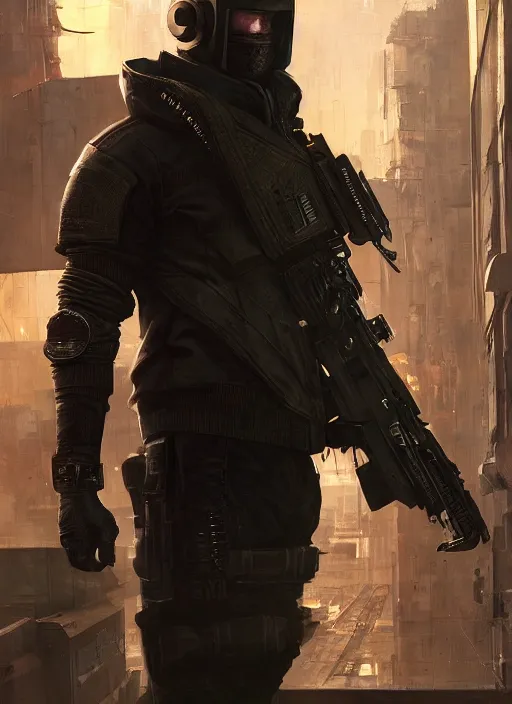 Prompt: Pete Davidsen. Cyberpunk assassin in tactical gear. rb6s, (Cyberpunk 2077), blade runner 2049, (matrix). Epic painting by Craig Mullins and Alphonso Mucha. ArtstationHQ. painting with Vivid color.