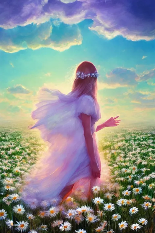 Image similar to veil of giant white daisy flower as head, girl dancing in a flower field, surreal photography, sunrise, dramatic light, impressionist painting, colorful clouds, digital painting, artstation, simon stalenhag