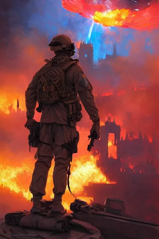 Image similar to special forces soldier with ukrainian blue and yellow flag watching red square burn, masculine figure, d & d, fantasy, bright atmosphere, volumetric lights, intricate, elegant, extremely detailed, digital painting, artstation, concept art, matte, smooth, sharp focus, hyper realistic, illustration, art by artgerm and greg rutkowski and alphonse mucha