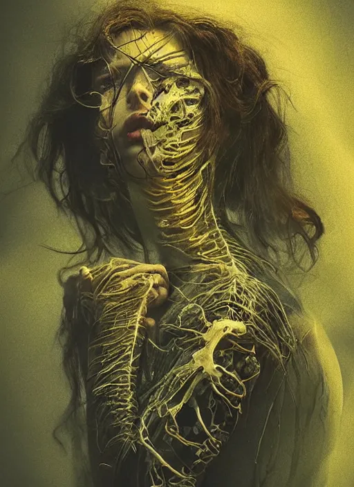 Prompt: masterpiece, emily ratajkowski , bones and veins, biopunk clothes, body horror, yellow glowing background, gustav dore, zdzislaw beksinksi, Ross Tran