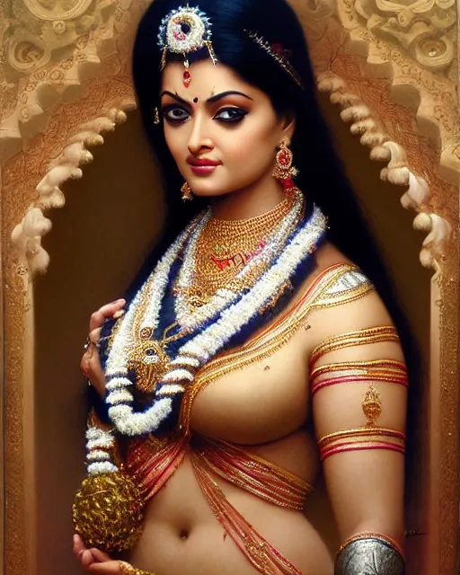 Image similar to Aishwarya Rai as a beautiful Hindu Goddess, gorgeous, portrait, Symmetrical, powerful, intricate, beautiful, masterpiece, elegant, volumetric lighting, highly detailed, digital painting, hyper-realistic, artstation, sharp focus, no blur, illustration, William-Adolphe Bouguereau Raja Ravi Verma, ruan jia