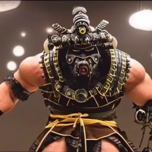 Image similar to big buff very strong very buff samurai wearing a cybernetic oni mask, movie still