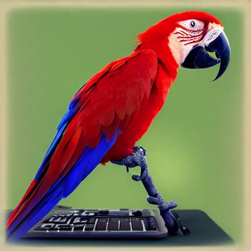 Image similar to “scarlet macaw typing on a keyboard with its beak, hd, photorealistic”