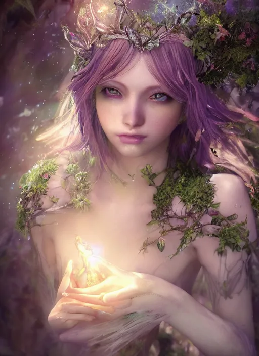 Prompt: beautiful beautiful fairy faerie fey fae queen forest spirit highly detailed CGsociety subtle enchanting alluring magical concept art HDR hyper realistic volumetric lighting subsurface scattering unreal